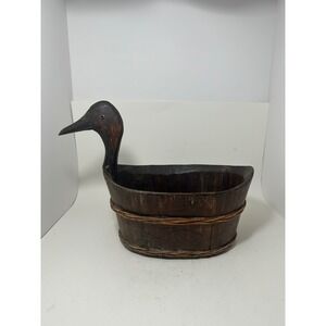 Vintage Hand-Carved Wooden Duck Barrel Bucket Primitive Folk Art Planter Basket